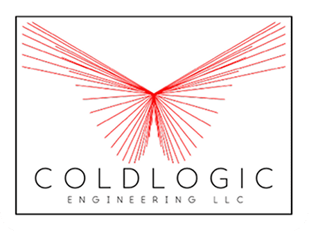 Logo for ColdLogic Engineering LLC featuring red lines forming a symmetrical design above the company name on a white background.